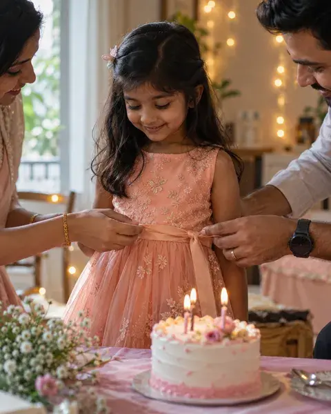A five-year-old Indian girl with brown skin in a comfortable peach party dress standing beside a small birthday cake, parents’ hands entering the frame to help with a ribbon, no readable lettering