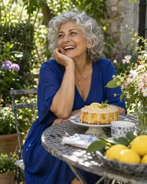 A woman in her sixties with silver curls and light olive skin wearing a cobalt blue dress, laughing beside a small lemon cake on a garden table surrounded by flowers