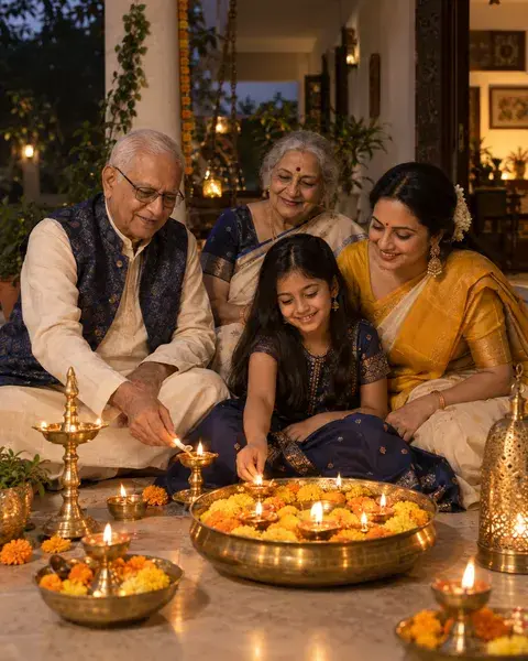 An Indian family of four including grandparents in their seventies, a mother and a ten-year-old girl, in indigo, cream and marigold festive clothing, seated around brass diyas on a home veranda