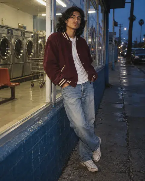 A young Latino man with tan skin and shoulder-length wavy hair in a burgundy varsity jacket and faded jeans, leaning against a laundromat window with vintage lettering kept unreadable