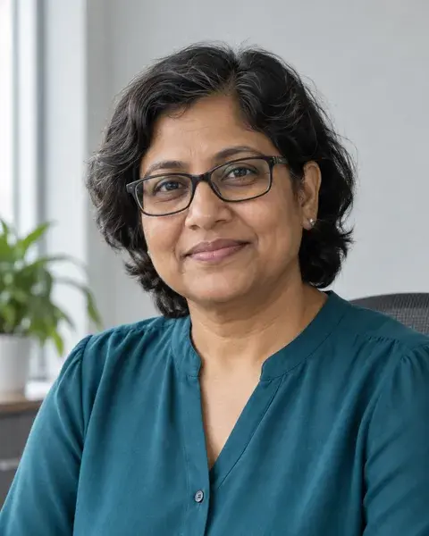 A middle-aged Indian woman with medium brown skin, short wavy hair and rectangular spectacles wearing a teal blouse against a light grey office wall, with an approachable closed-mouth smile