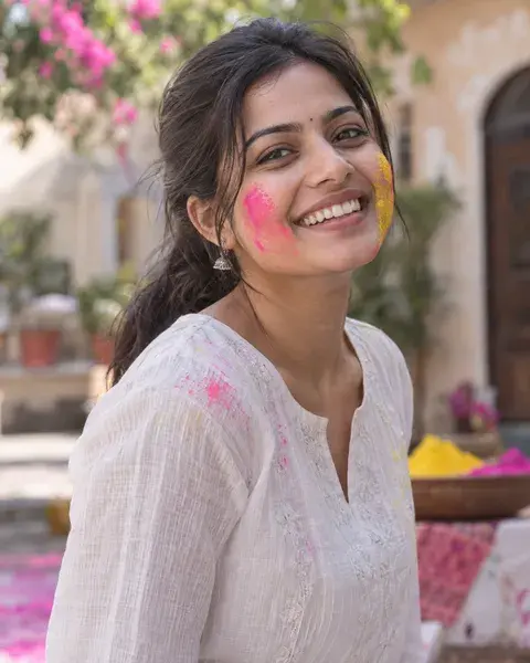 A joyful Indian woman in her twenties with brown skin and a loose ponytail wearing a simple white cotton kurta with small pink and yellow Holi colour marks on her cheeks, outdoors against a softly blurred courtyard
