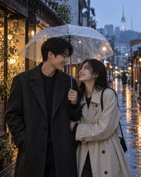 An East Asian couple in their late twenties, one in a charcoal wool coat and one in a cream trench, smiling at one another under a transparent umbrella on a rainy Seoul side street