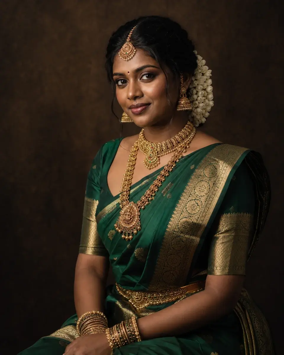 A South Indian bride with dark brown skin in an emerald Kanjeevaram saree, traditional gold jewellery and jasmine flowers, looking gently towards the camera against a textured deep brown studio backdrop