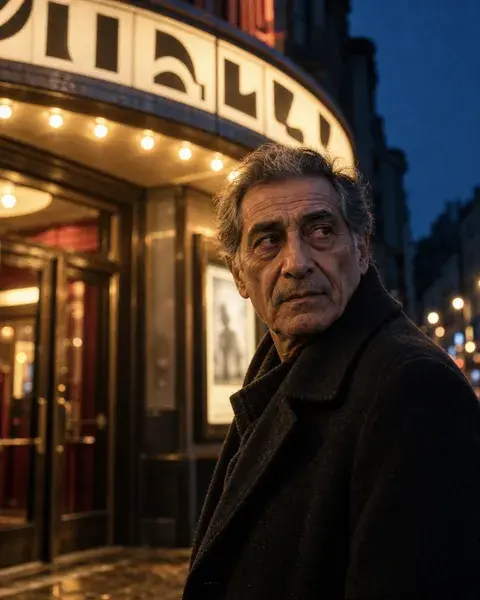 A man in his sixties with olive skin and a weathered face wearing a dark wool coat, standing outside an old cinema entrance at night, lettering abstract and unreadable