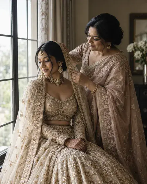 A South Asian bride with medium brown skin wearing a pale gold lehenga, seated beside a tall window while her mother gently adjusts the edge of her dupatta, intimate candid expressions