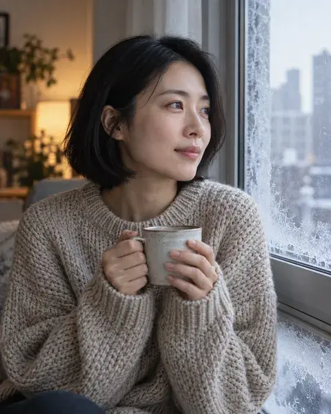 An East Asian woman in her thirties with a chin-length haircut and light skin wearing a chunky oatmeal sweater, holding a ceramic cup by a frost-edged apartment window