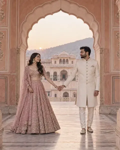 An Indian couple in their late twenties wearing a pastel rose lehenga and ivory bandhgala, standing apart but holding hands within a pink sandstone archway in Jaipur