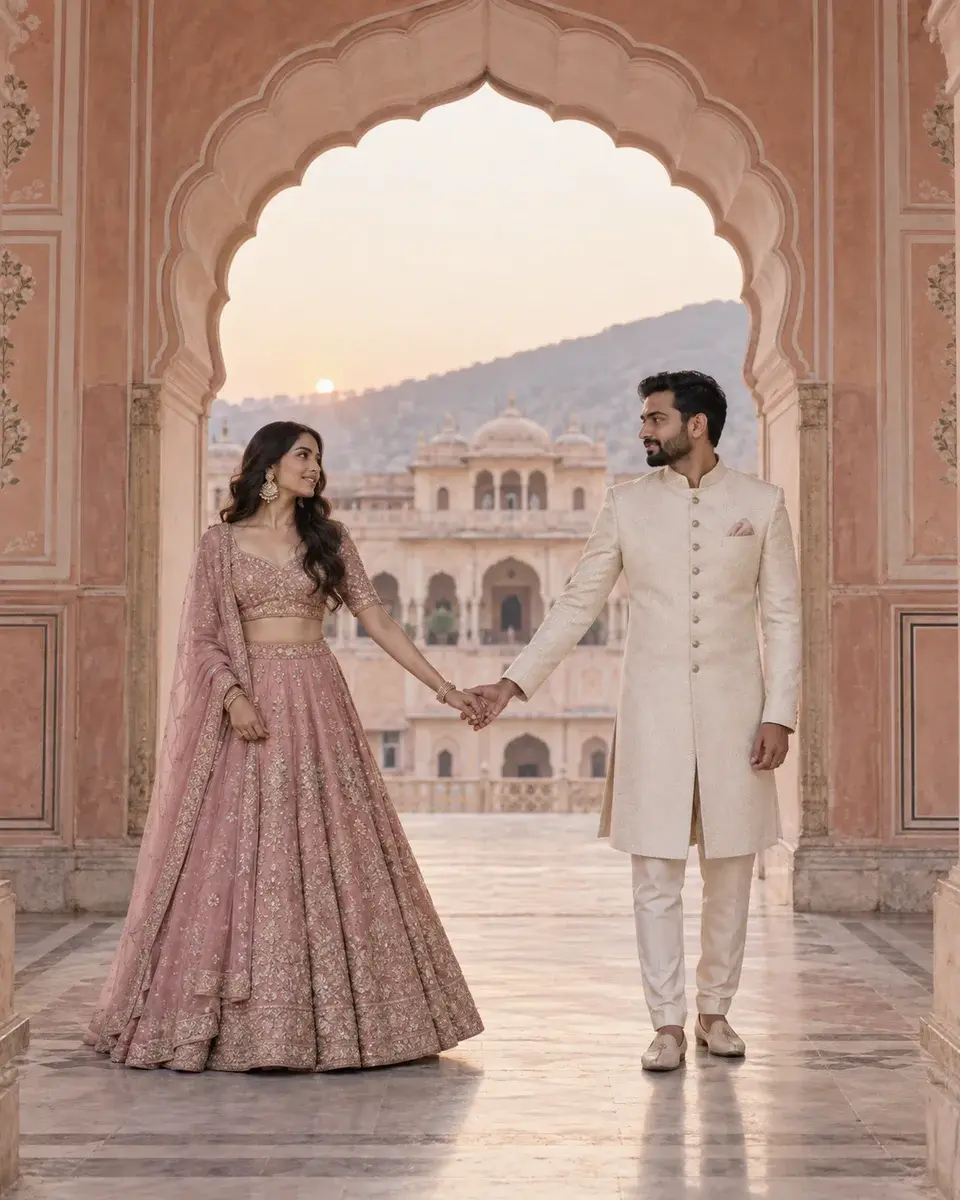 An Indian couple in their late twenties wearing a pastel rose lehenga and ivory bandhgala, standing apart but holding hands within a pink sandstone archway in Jaipur