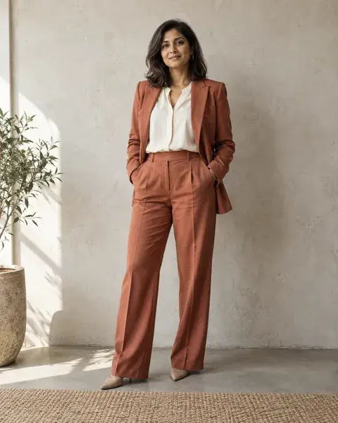 A South Asian woman in her forties with olive-brown skin and shoulder-length hair wearing a tailored terracotta pantsuit over an ivory blouse, standing against an understated plaster wall, realistic cloth folds and proportions