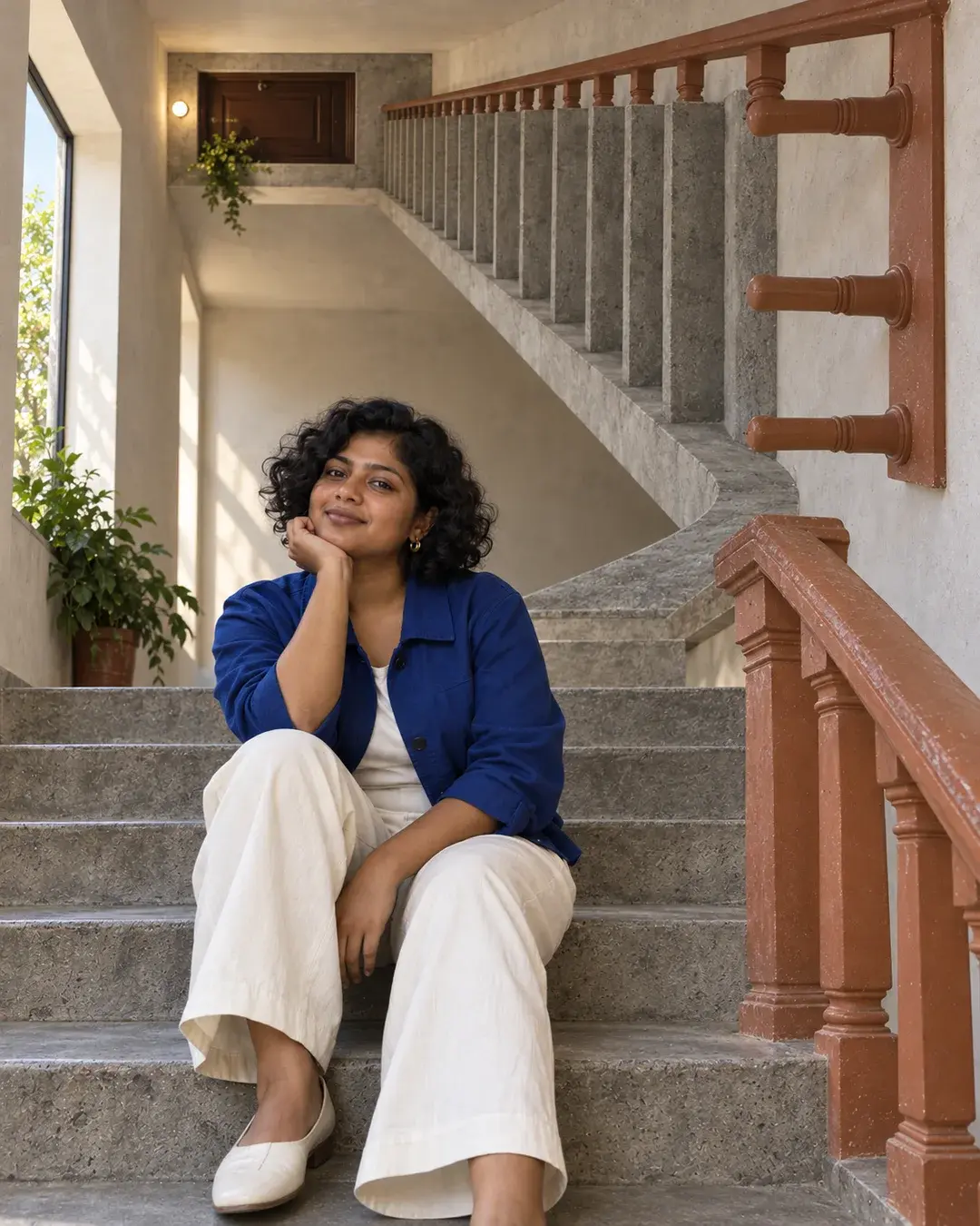 A woman in a cobalt jacket sits upright beneath a sideways concrete stair flight and terracotta railings.