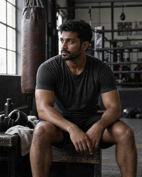 An athletic South Asian man in his thirties with brown skin wearing a plain charcoal training shirt, seated between sets in a real boxing gym with worn leather equipment, natural physique and relaxed hands