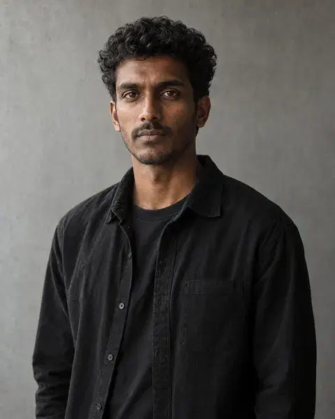 A fictional Indian man in a black overshirt against a stone-grey studio wall with natural side lighting.