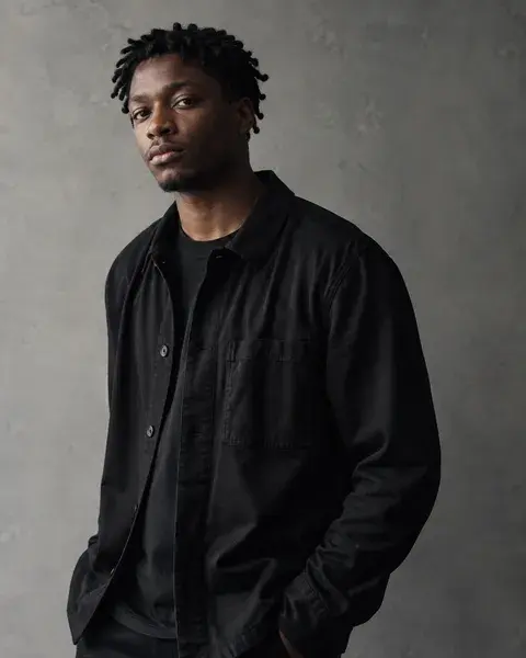 A young man with dark brown skin and short twists wearing his own everyday black overshirt against a clean stone-grey studio wall, preserve natural body proportions and realistic hair edges