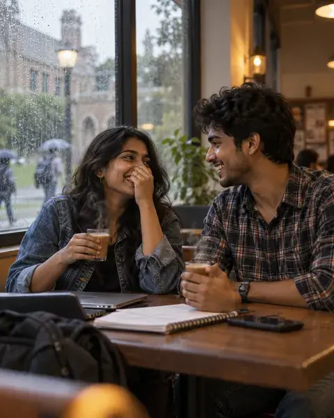 Two university students in their early twenties, an Indian woman in a denim jacket and an Indian man in a checked shirt, sharing a joke over steaming chai beside a rain-speckled campus window
