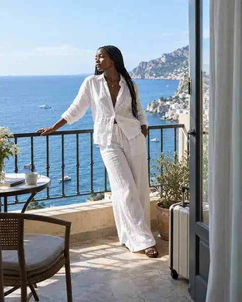 A young Black woman with deep brown skin and long braids wearing a white linen co-ord on a coastal hotel balcony overlooking the sea, a small suitcase beside the open door