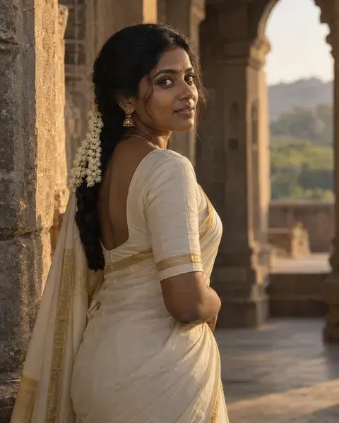 A South Indian woman in her early thirties with deep brown skin and a loose jasmine-adorned braid, wearing an ivory silk saree with a narrow gold border; she glances over her shoulder beside weathered sandstone arches