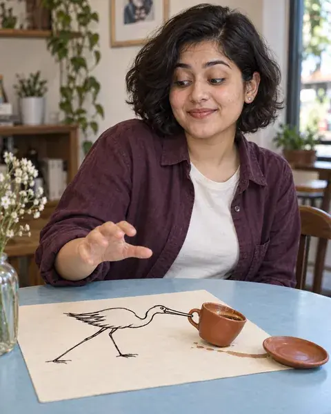 A woman reaches toward a terracotta cup being pulled by a flat ink bird on a paper placemat.
