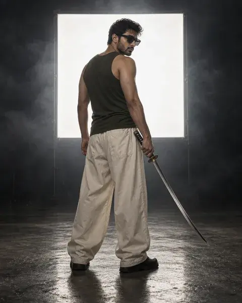 A man in an olive tank top and baggy cream trousers looks over his shoulder, holding a katana downward before a bright square studio light.