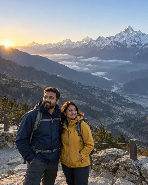 An Indian couple in their late thirties wearing practical mustard and navy trekking jackets, standing on a safe marked overlook above a Himalayan valley with distant snowy peaks