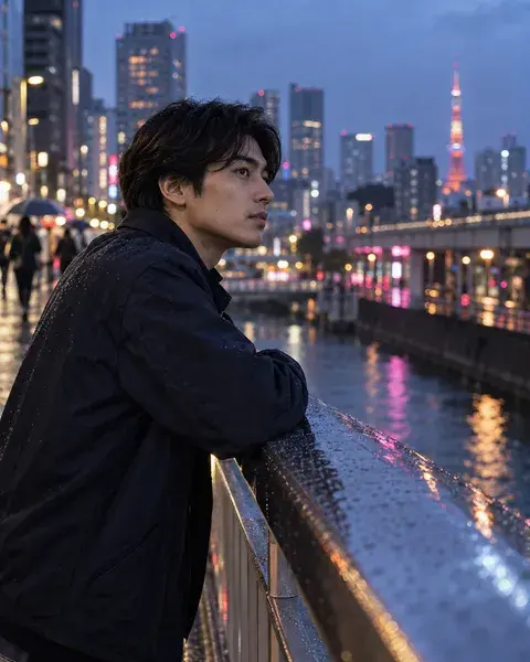 A young East Asian man with light olive skin wearing a navy jacket, looking across a rainy Tokyo pedestrian bridge at twilight, blurred city lights reflected on wet metal railings