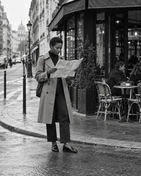 A Black woman in her thirties with a close-cropped natural hairstyle wearing a tailored trench coat and loafers, reading a folded map outside an ordinary Paris cafe