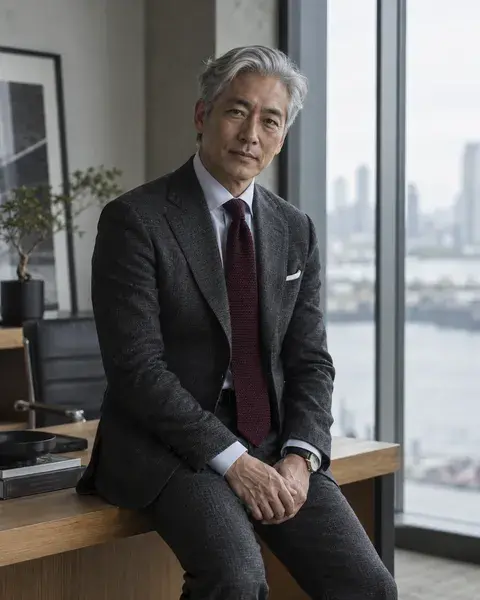 A mature East Asian man in his fifties with silver hair in a textured charcoal suit and burgundy knit tie, seated at the edge of a modern oak desk with an architectural window behind him