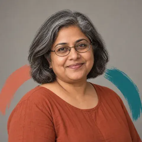 A woman with glasses and a grey wavy bob, with coral and teal brushstrokes behind her shoulders.