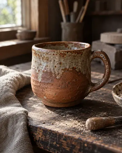 A handmade terracotta ceramic cup on a dark wooden workbench with fine clay dust and a linen cloth, showing uneven glaze and the maker’s texture, no branding