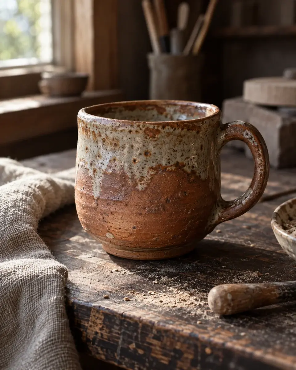 A handmade terracotta ceramic cup on a dark wooden workbench with fine clay dust and a linen cloth, showing uneven glaze and the maker’s texture, no branding
