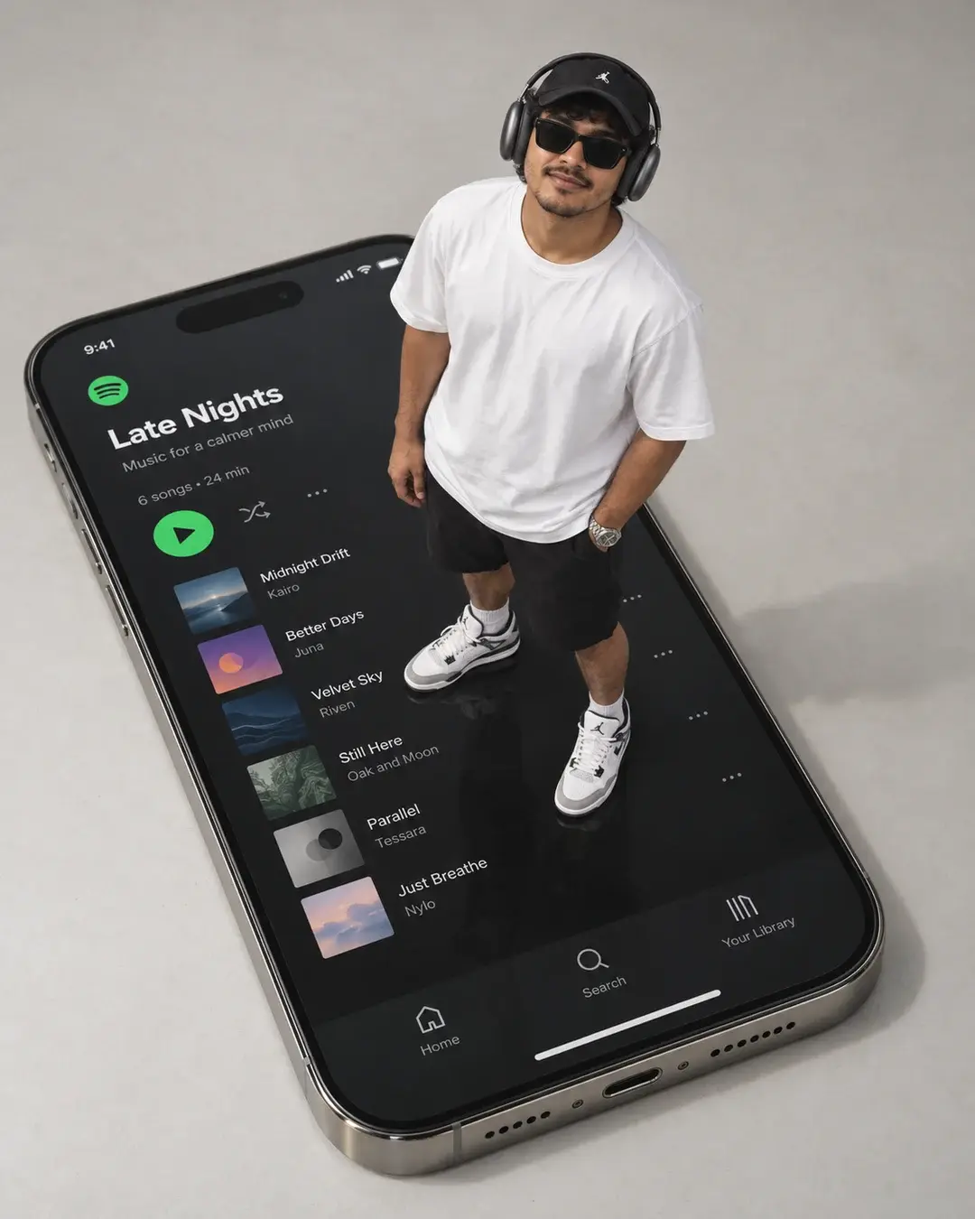 A fictional adult in white streetwear and headphones looks up while standing on a giant phone with a dark playlist interface.