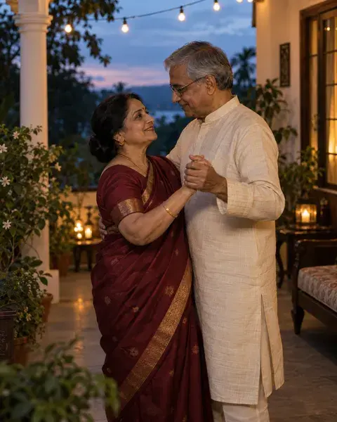 An older Indian couple in their sixties, the woman in a wine-red silk saree and the man in a cream kurta, sharing a slow dance on their veranda at dusk