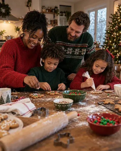 A family with a Black mother, white father and two school-aged children decorating gingerbread at a flour-dusted wooden kitchen table, red and green knitwear with an understated Christmas tree in the distance