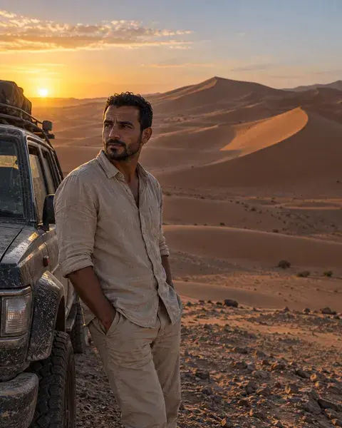 A North African man in his thirties with olive skin and a short beard, wearing a sand-coloured linen shirt, standing beside a dusty parked four-wheel-drive with immense dunes behind him