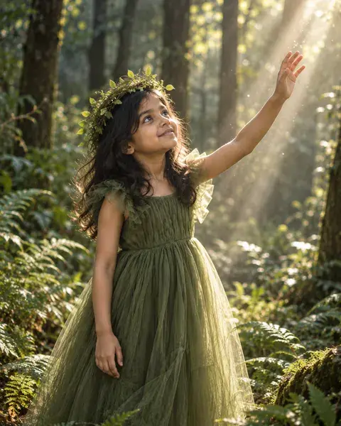 A fictional Indian child in a moss-green dress and leaf crown reaches towards morning sunlight in a fern-filled woodland.