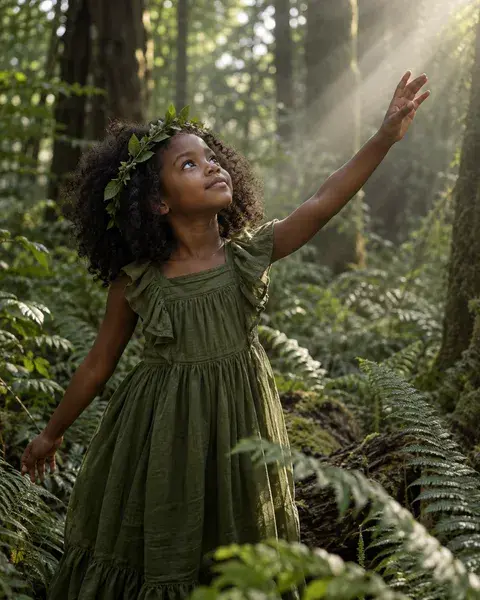 An eight-year-old girl with dark skin and natural coily hair wearing a moss-green storybook dress and a simple leaf crown in a fern-filled woodland, reaching towards a sunbeam