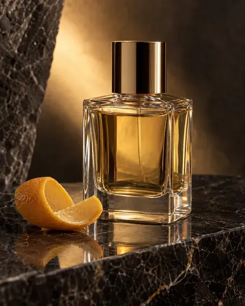 An unbranded clear perfume bottle with pale amber liquid resting on a dark polished stone slab, a single citrus peel beside it and restrained reflections