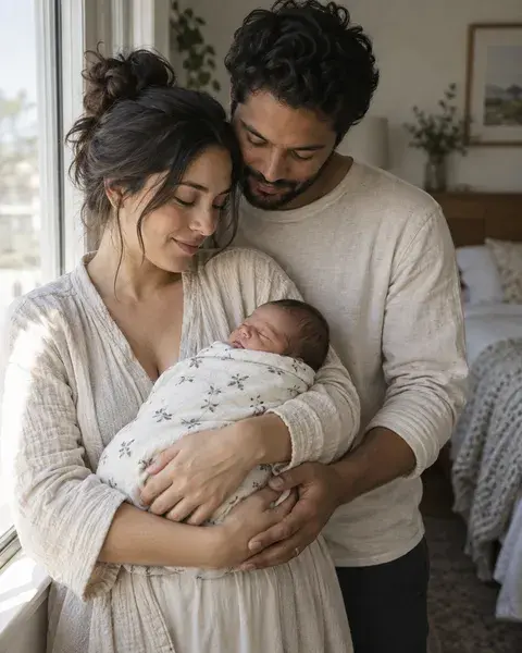 Two parents in their thirties with light and medium brown skin gently holding their fully wrapped newborn by a bedroom window, neutral cotton clothing and a serene lived-in setting