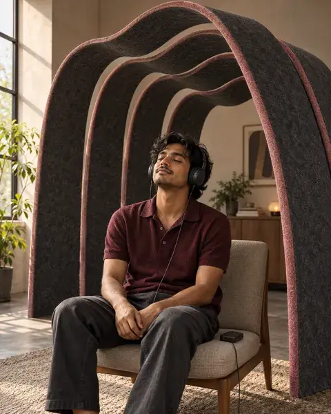 A man wearing headphones rests beneath five wave-shaped felt ribs in a sunlit listening room.
