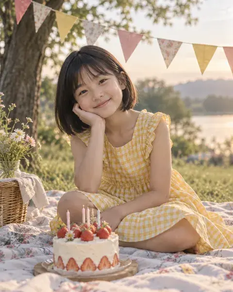 A nine-year-old East Asian girl with a short bob wearing a yellow gingham dress, sitting on a picnic blanket beside a small strawberry birthday cake and simple paper bunting