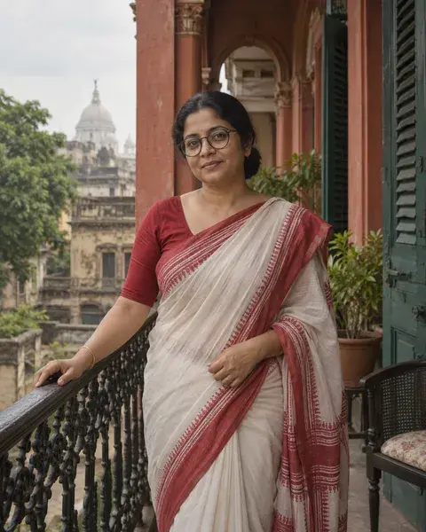 A Bengali woman in her forties with brown skin, round glasses and a low bun wearing a red-and-white cotton saree on a traditional Kolkata balcony, one hand resting on the iron railing