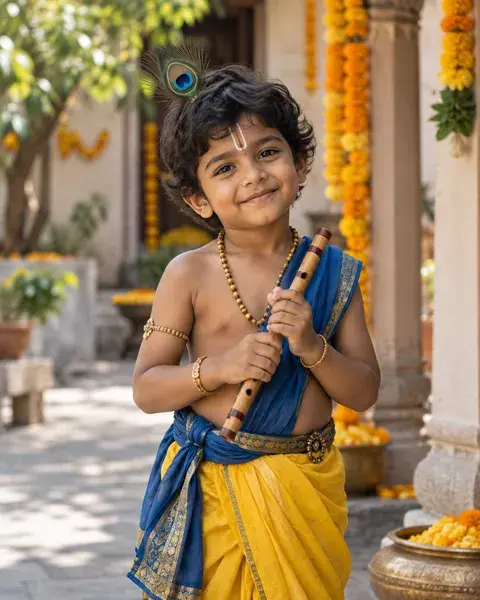 A four-year-old Indian boy with brown skin in a comfortable yellow dhoti and blue sash, a single peacock feather in his hair, holding a small wooden flute in a courtyard with marigold garlands