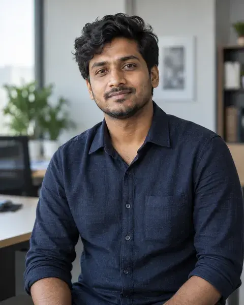 A South Asian man in his late twenties with warm brown skin and a textured navy shirt, relaxed expression against a neutral office background, natural pores and asymmetrical facial details retained