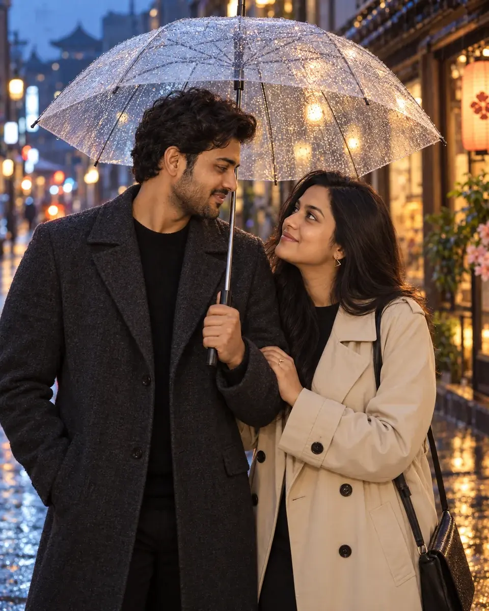 A young Indian couple share a transparent umbrella and affectionate smiles on a rainy city street.