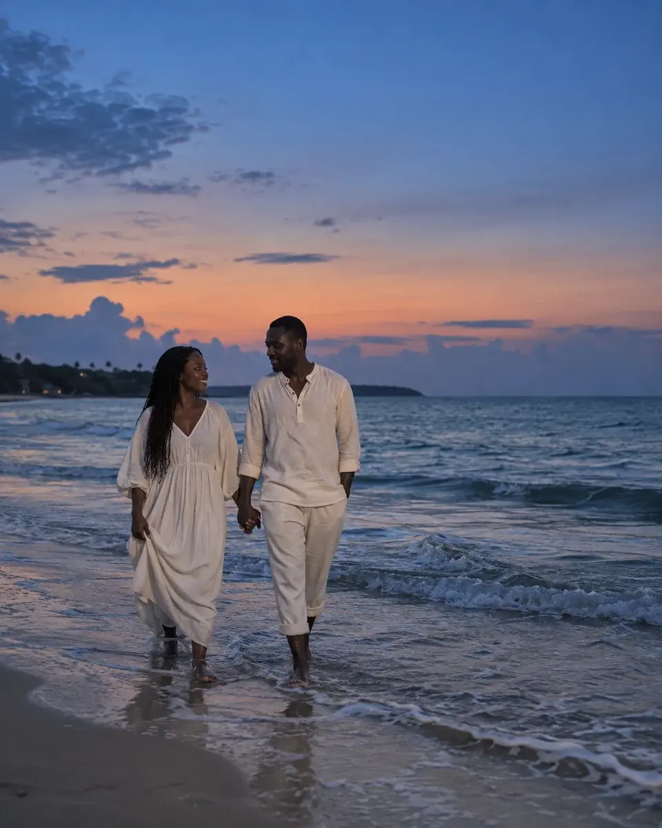 A dark-skinned African couple in their thirties, wearing loose off-white cotton clothing, walking barefoot along a quiet beach with small waves around their ankles