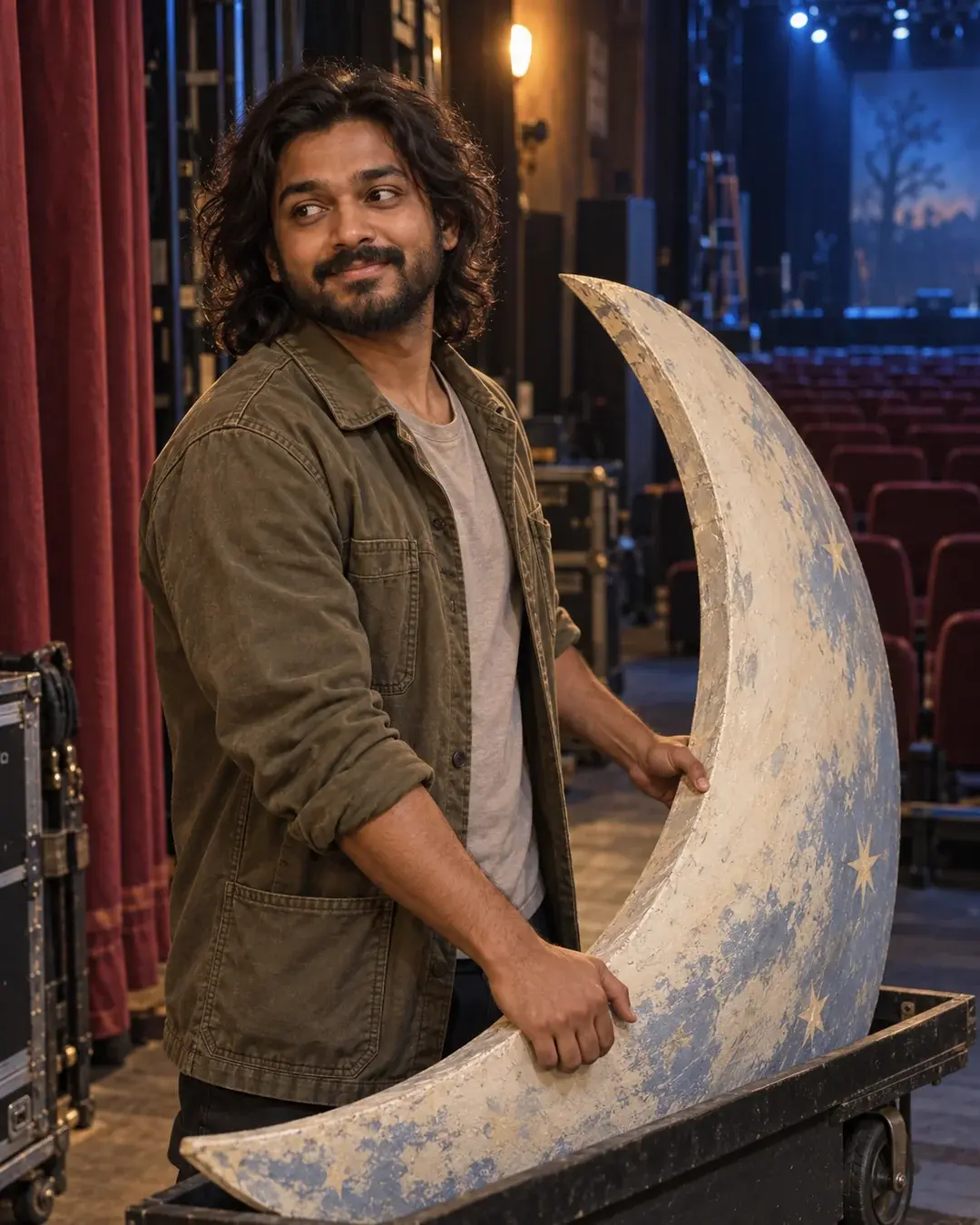 A man in an olive jacket steadies a painted crescent moon on a backstage cart beside empty theatre seats.