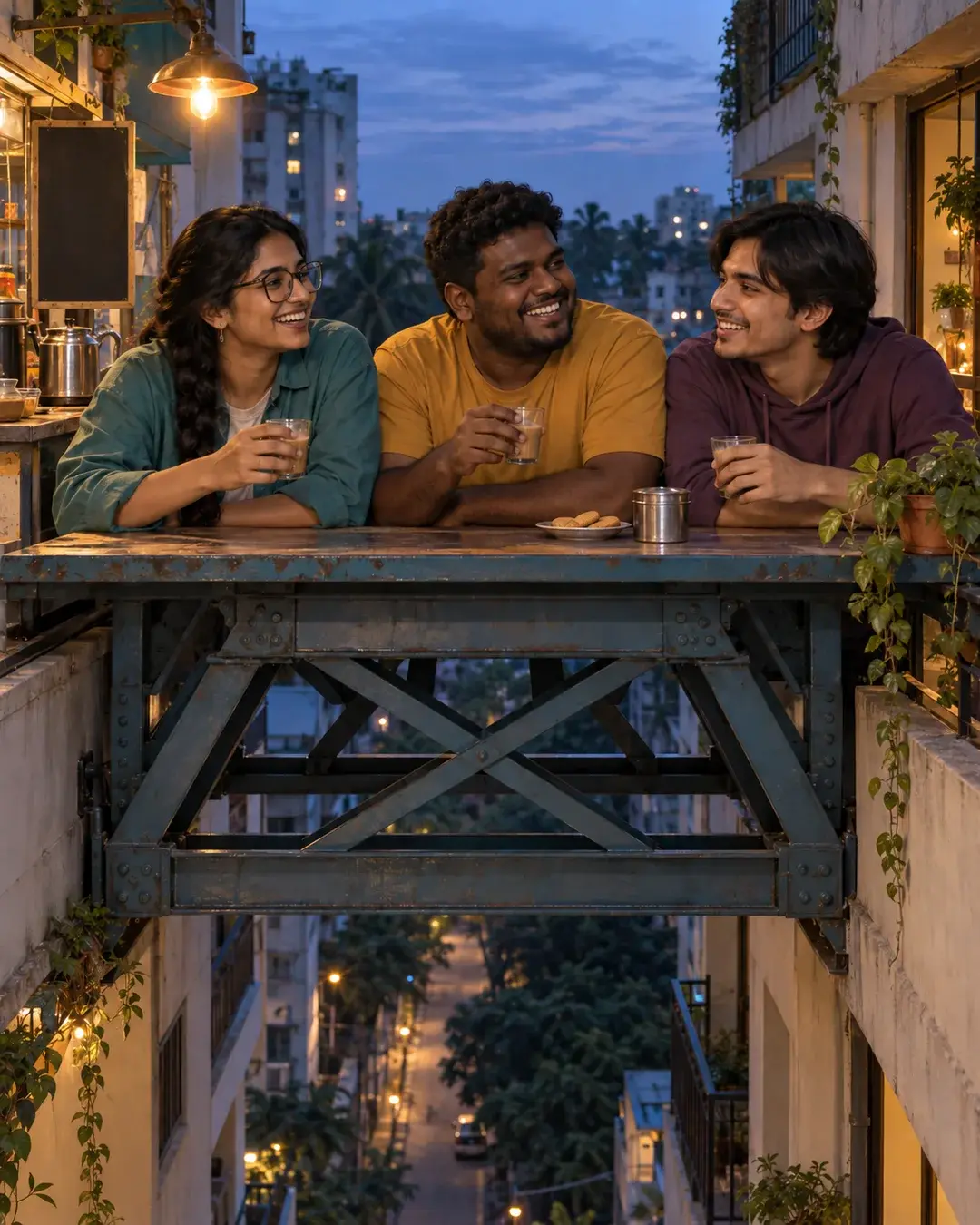 Three friends share chai at a steel counter bridging two balconies high above a city street.