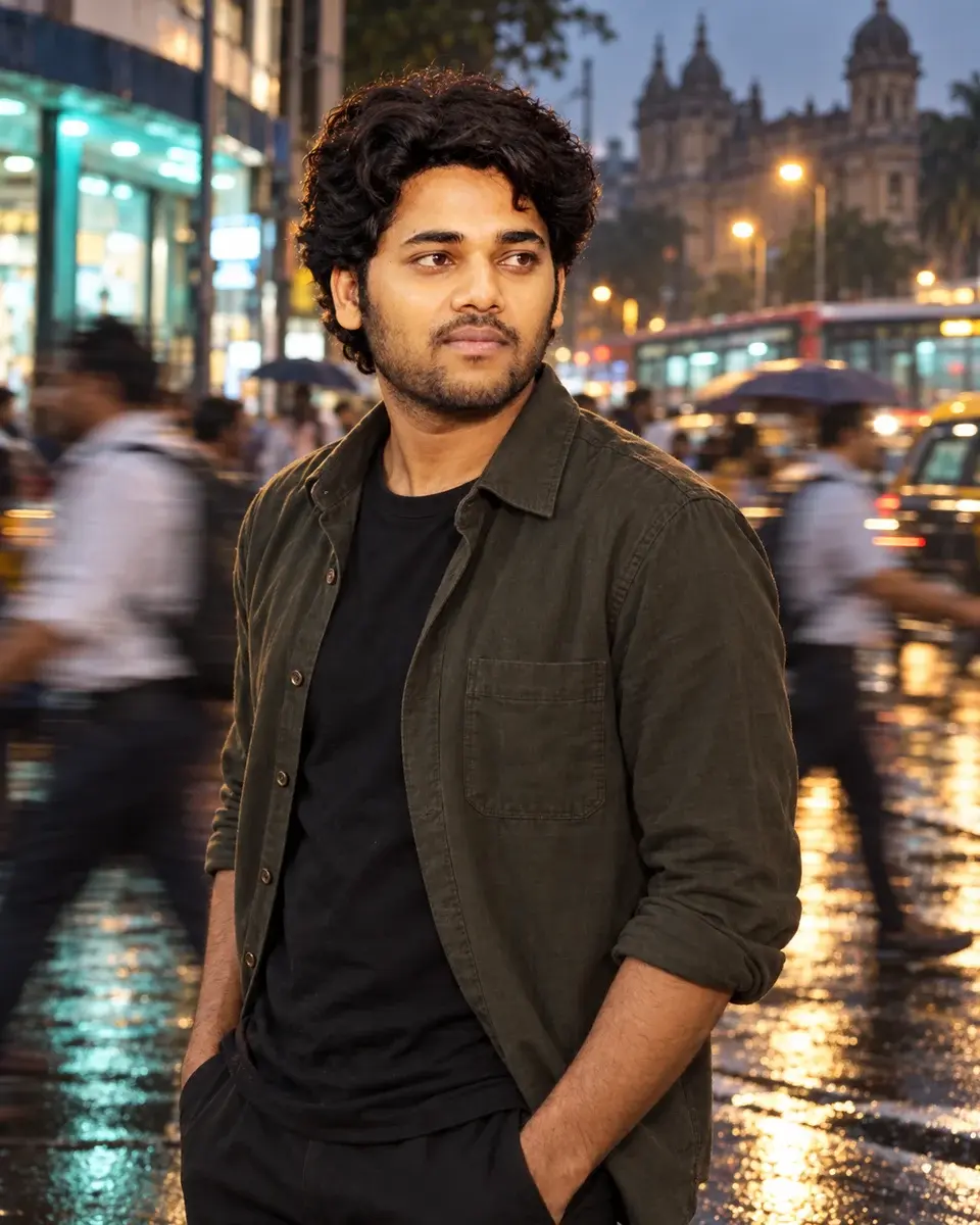 A thoughtful young Indian man stands still at a wet Mumbai crossing while commuters blur around him at dusk.
