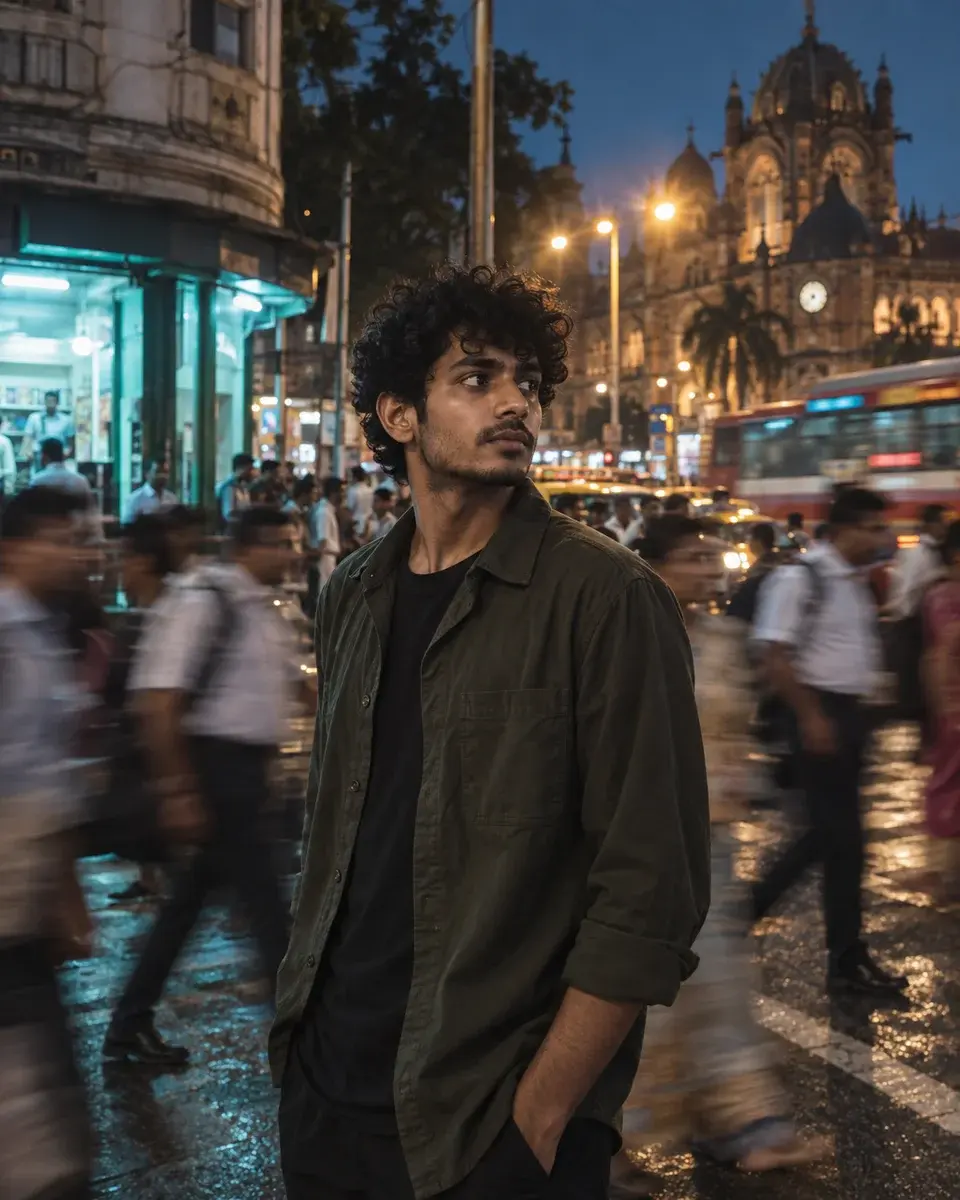 A young Indian man with medium brown skin and curly hair wearing a dark olive overshirt, standing still at a busy Mumbai crossing while commuters blur behind him