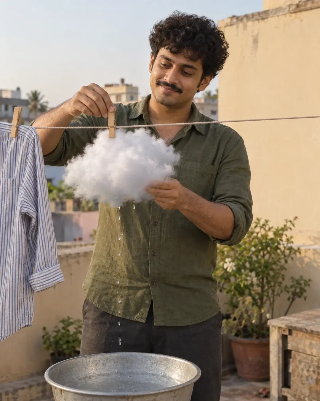A man pegs a small misty cloud to a terrace clothesline while droplets fall into a metal basin.